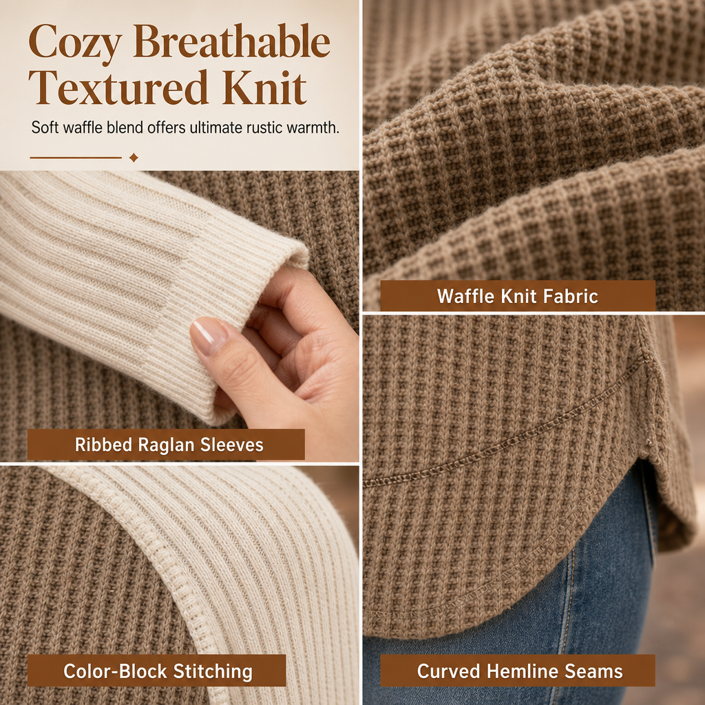 Women's Western Ranch Style Raglan Long Sleeve Knit Top with Textured Waffle Fabric and Curved Hem