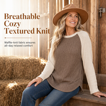 Women's Western Ranch Style Raglan Long Sleeve Knit Top with Textured Waffle Fabric and Curved Hem