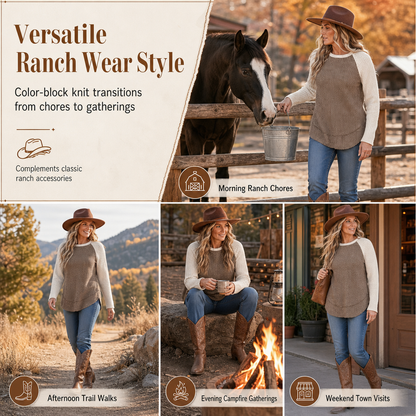 Women's Western Ranch Style Raglan Long Sleeve Knit Top with Textured Waffle Fabric and Curved Hem