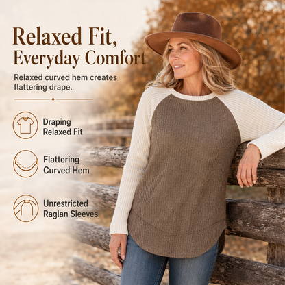 Women's Western Ranch Style Raglan Long Sleeve Knit Top with Textured Waffle Fabric and Curved Hem