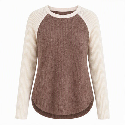 Women's Western Ranch Style Raglan Long Sleeve Knit Top with Textured Waffle Fabric and Curved Hem