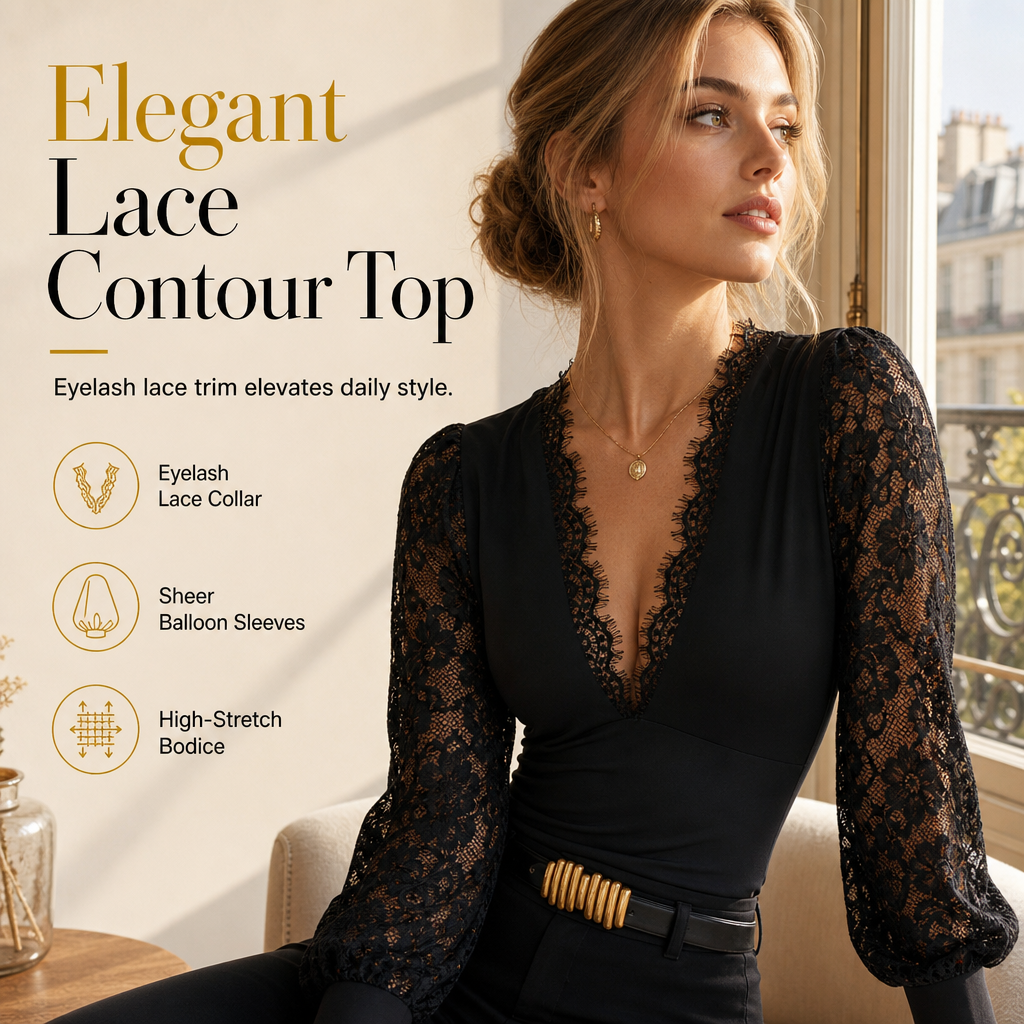 Women's Deep V-Neck Lace Long Sleeve Top