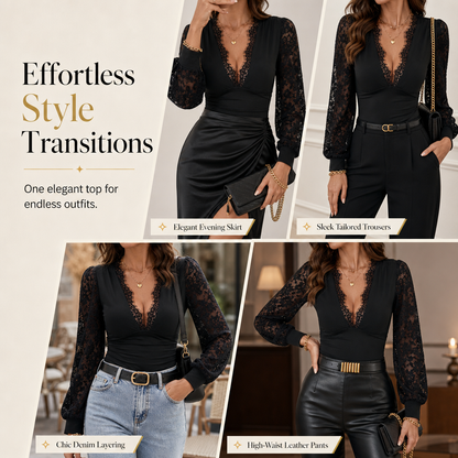Women's Deep V-Neck Lace Long Sleeve Top