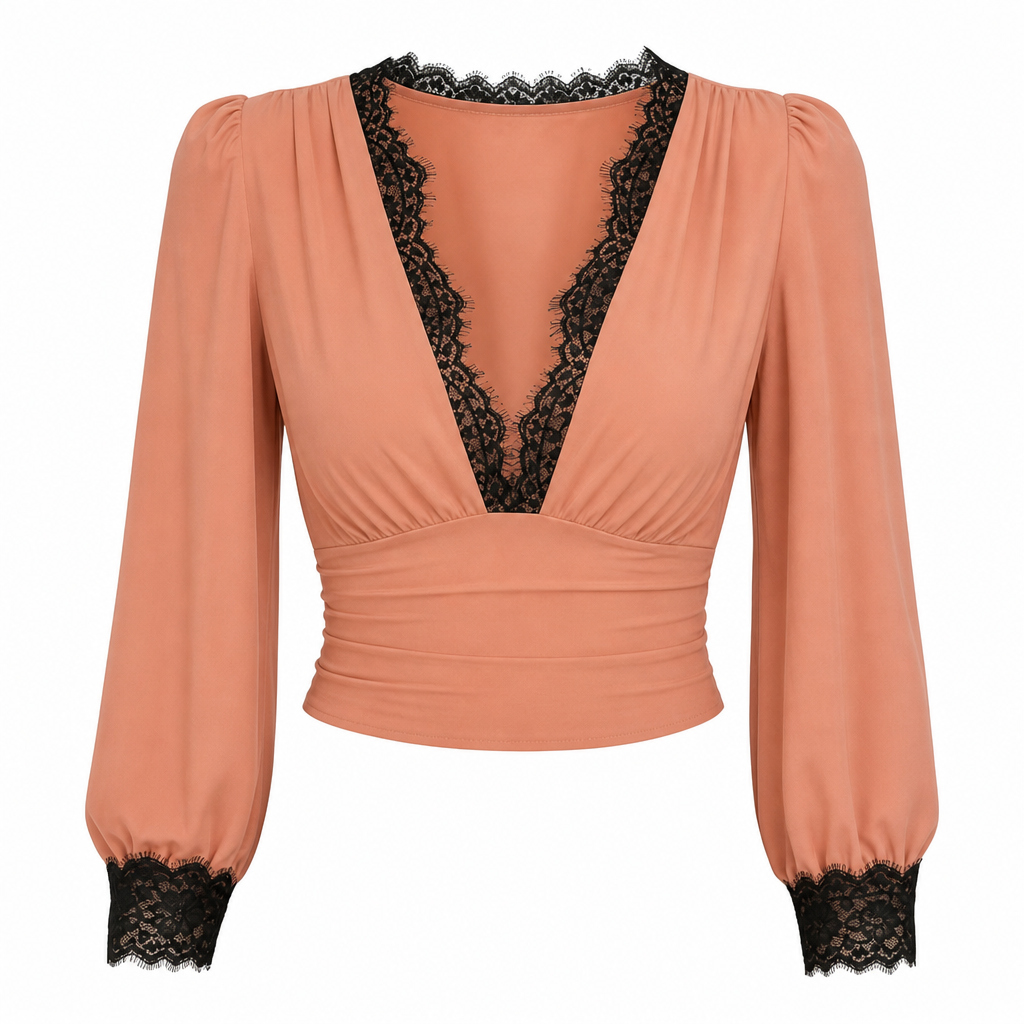 Women's Deep V-Neck Lace Long Sleeve Top