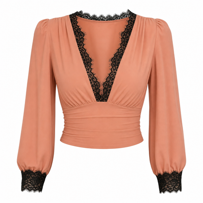 Women's Deep V-Neck Lace Long Sleeve Top