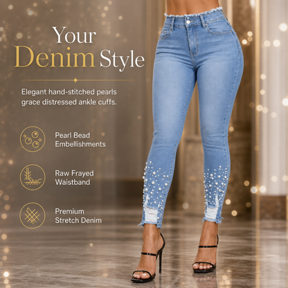Women's Light Blue Pearl Embellished Slim Fit Skinny Jeans with Raw Frayed Waist and Distressed Ripped Ankle Cuffs