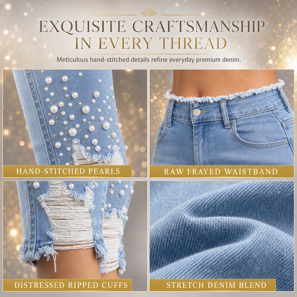 Women's Light Blue Pearl Embellished Slim Fit Skinny Jeans with Raw Frayed Waist and Distressed Ripped Ankle Cuffs