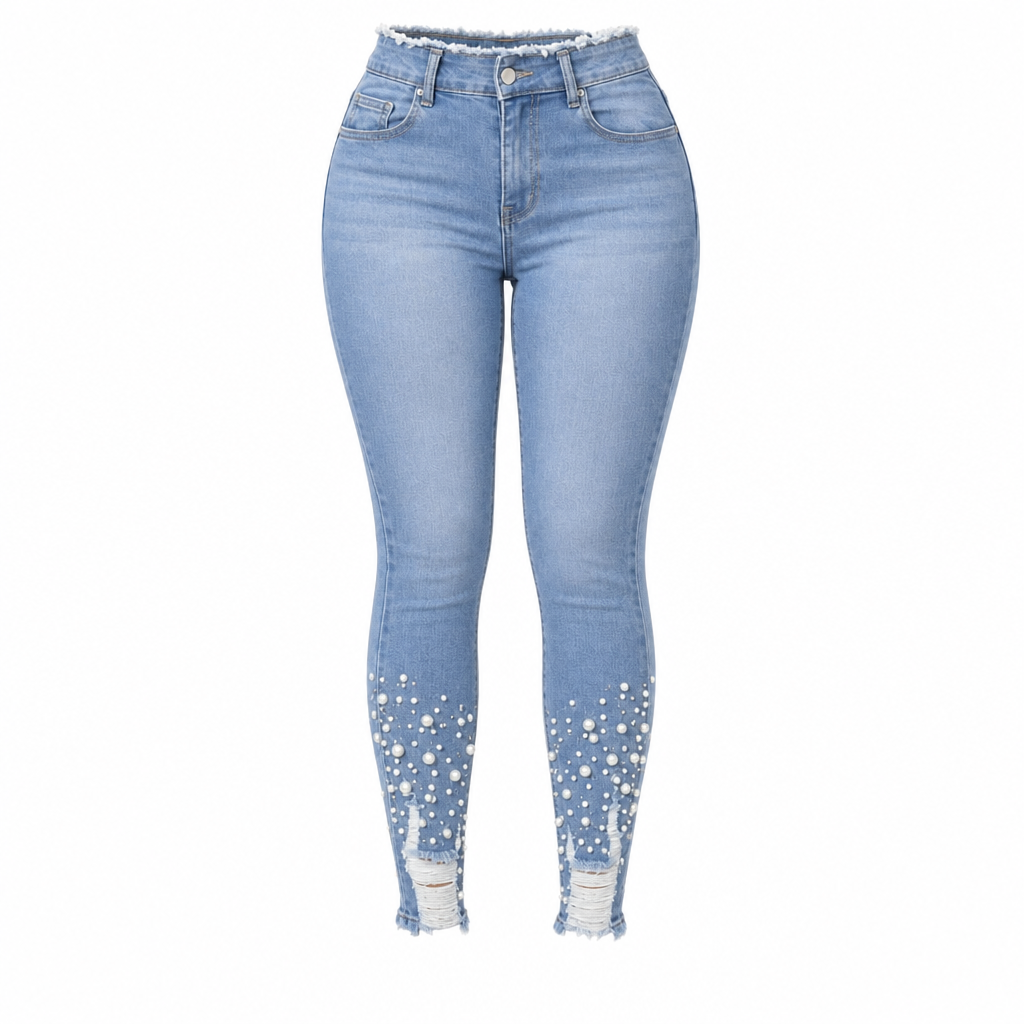 Women's Light Blue Pearl Embellished Slim Fit Skinny Jeans with Raw Frayed Waist and Distressed Ripped Ankle Cuffs