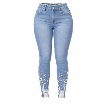 Women's Light Blue Pearl Embellished Slim Fit Skinny Jeans with Raw Frayed Waist and Distressed Ripped Ankle Cuffs