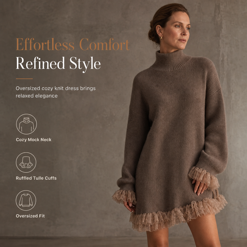 Oversized Mock Neck Knit Sweater Dress with Ruffle Tulle Trim