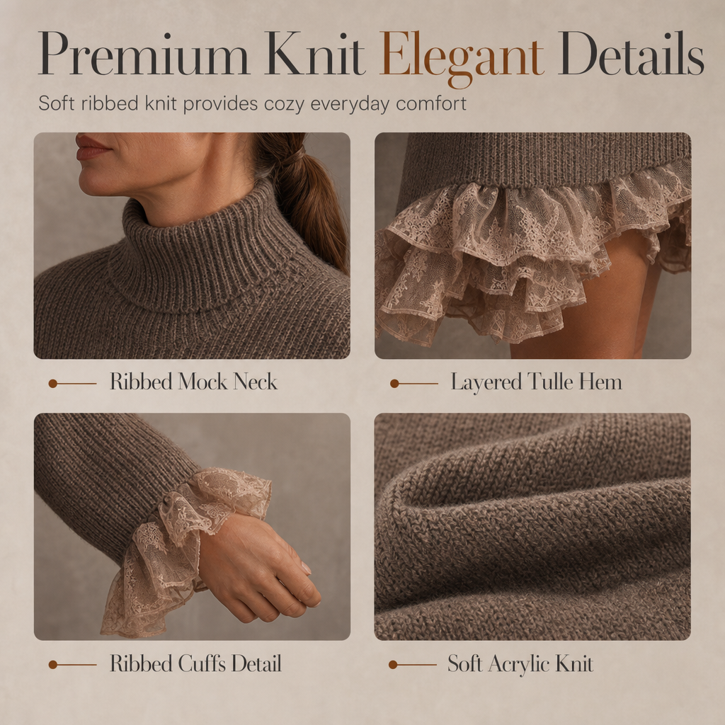 Oversized Mock Neck Knit Sweater Dress with Ruffle Tulle Trim