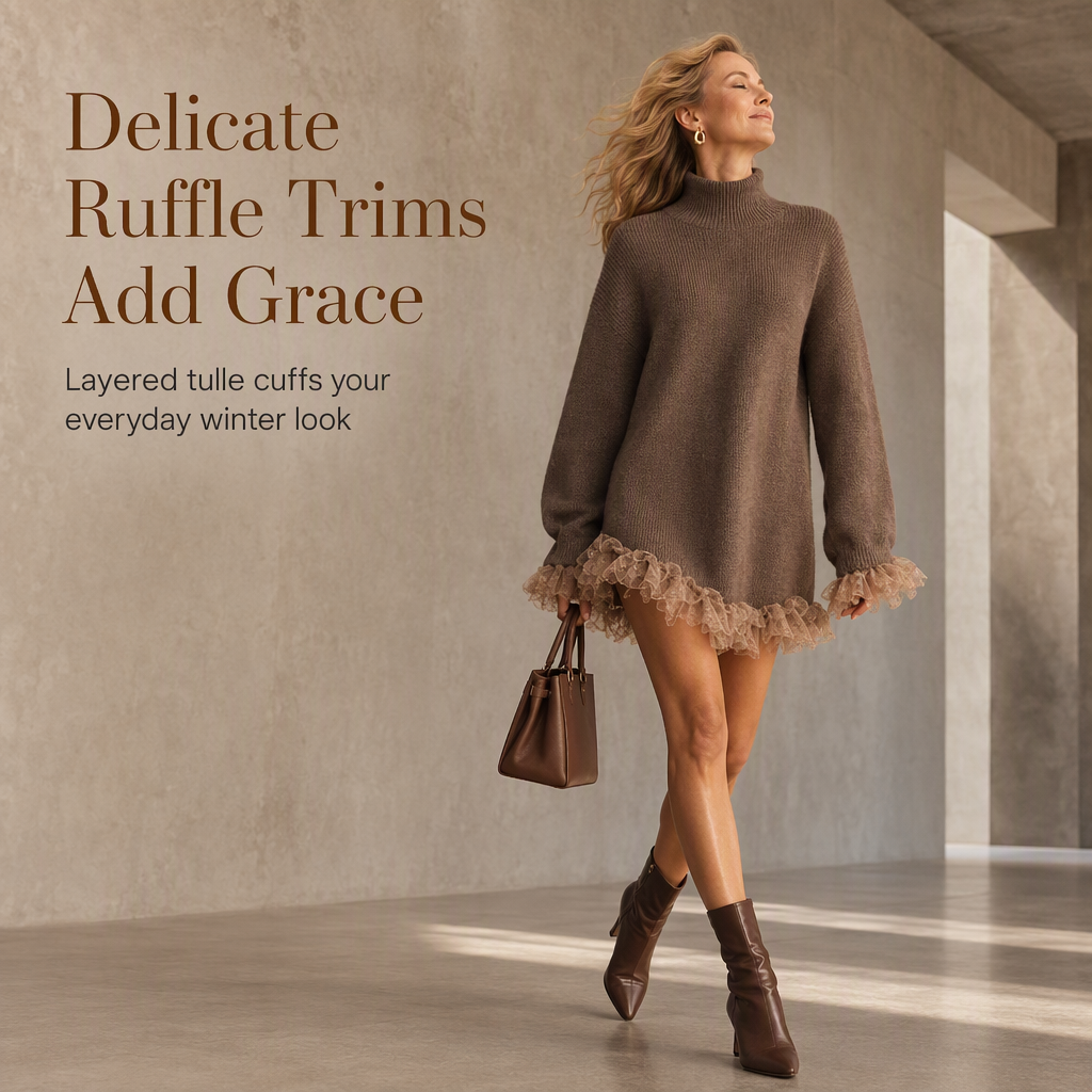 Oversized Mock Neck Knit Sweater Dress with Ruffle Tulle Trim