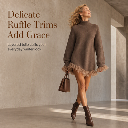Oversized Mock Neck Knit Sweater Dress with Ruffle Tulle Trim