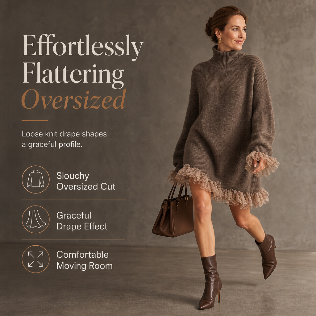 Oversized Mock Neck Knit Sweater Dress with Ruffle Tulle Trim