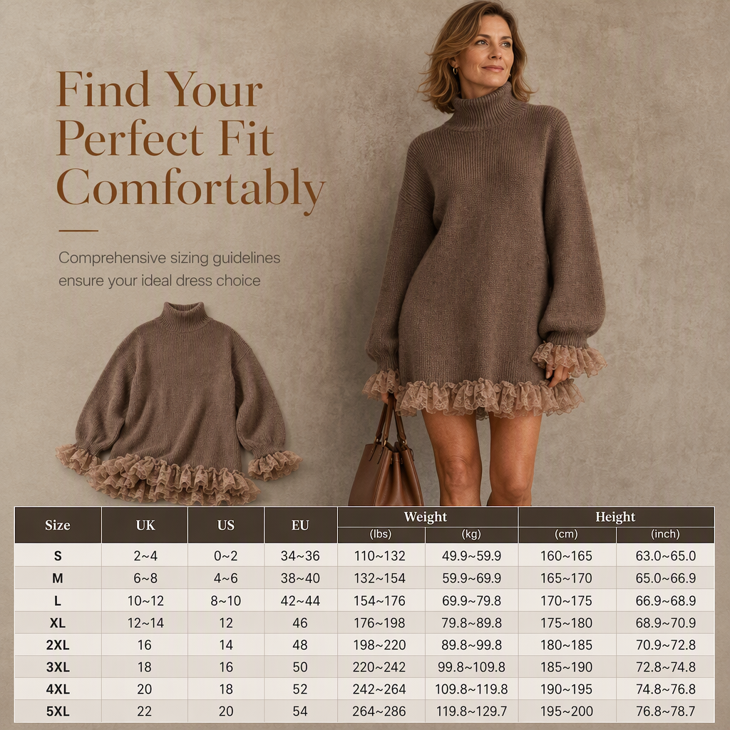 Oversized Mock Neck Knit Sweater Dress with Ruffle Tulle Trim