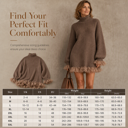 Oversized Mock Neck Knit Sweater Dress with Ruffle Tulle Trim