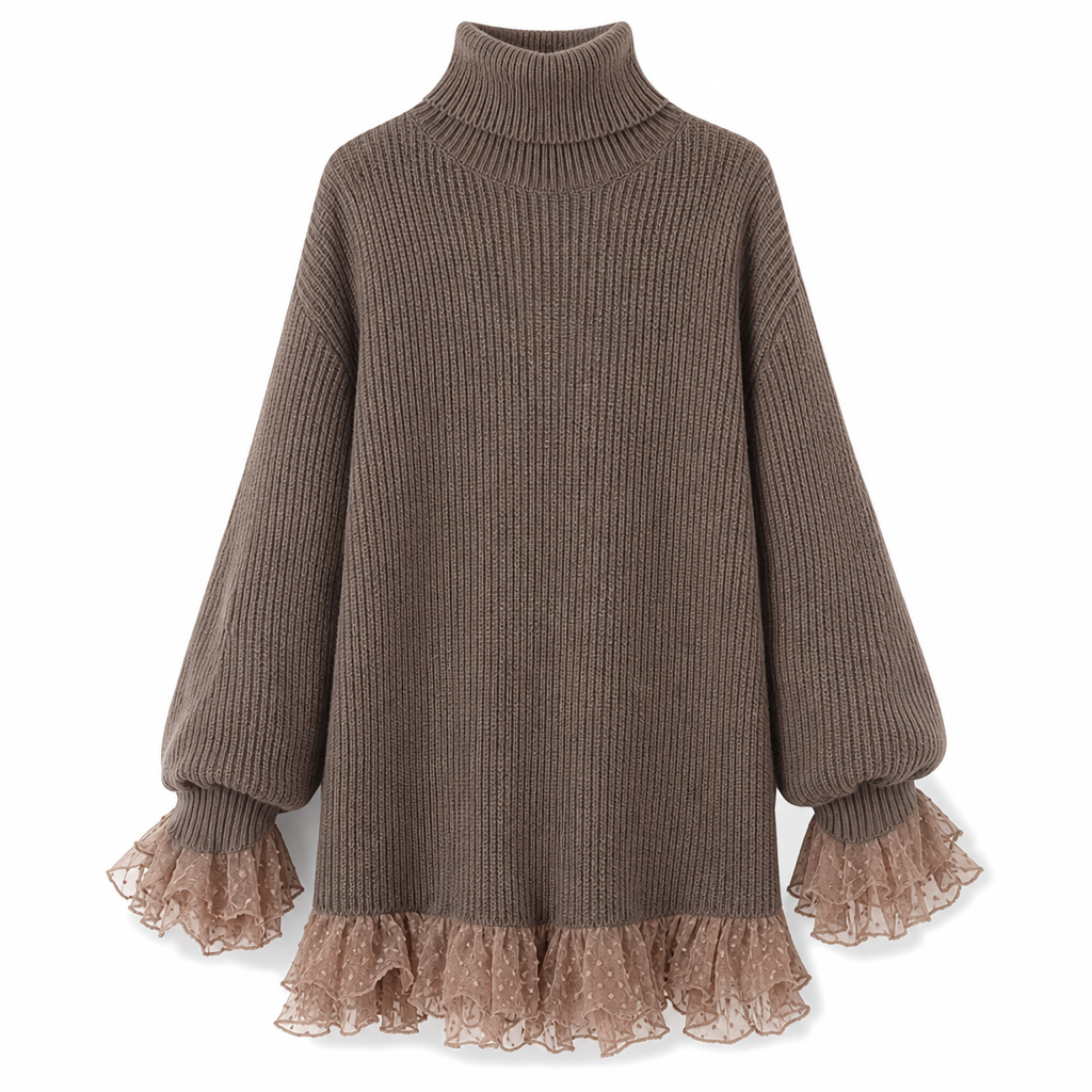 Oversized Mock Neck Knit Sweater Dress with Ruffle Tulle Trim