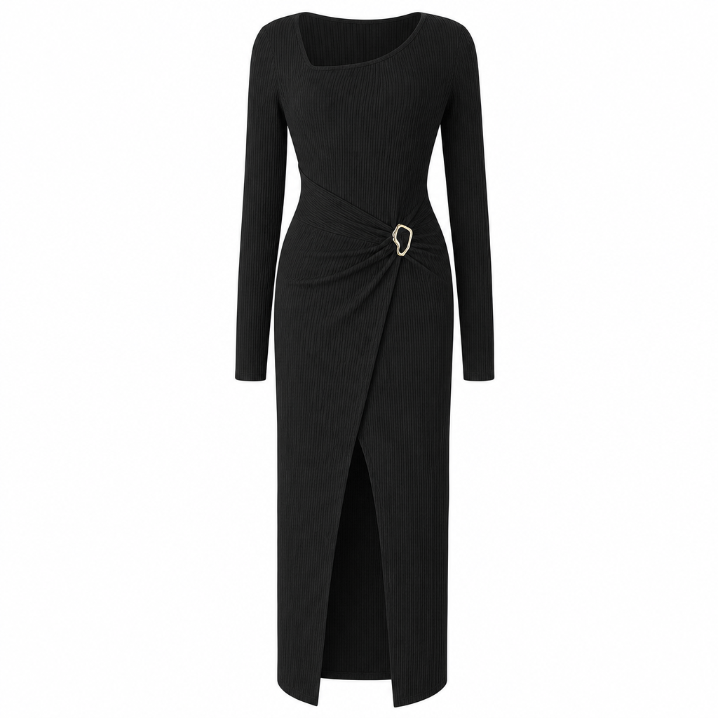Women's Autumn Winter Solid Color Knit Texture Long Dress with Irregular Neckline