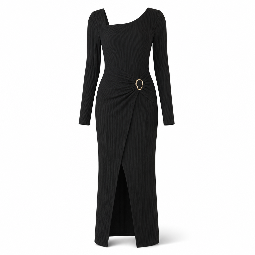 Women's Autumn Winter Solid Color Knit Texture Long Dress with Irregular Neckline