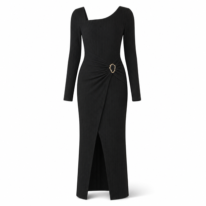 Women's Autumn Winter Solid Color Knit Texture Long Dress with Irregular Neckline