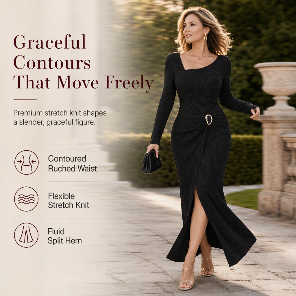 Women's Autumn Winter Solid Color Knit Texture Long Dress with Irregular Neckline