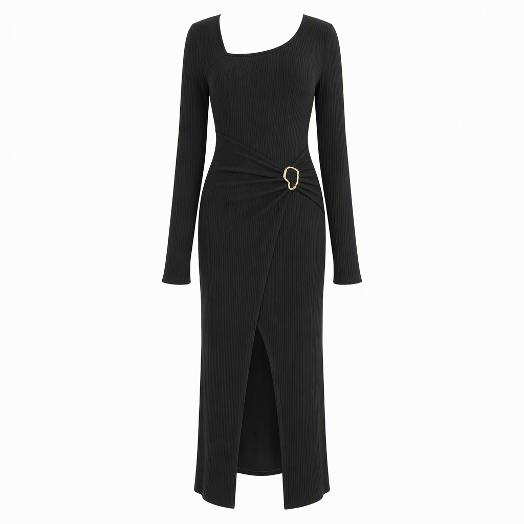 Women's Autumn Winter Solid Color Knit Texture Long Dress with Irregular Neckline
