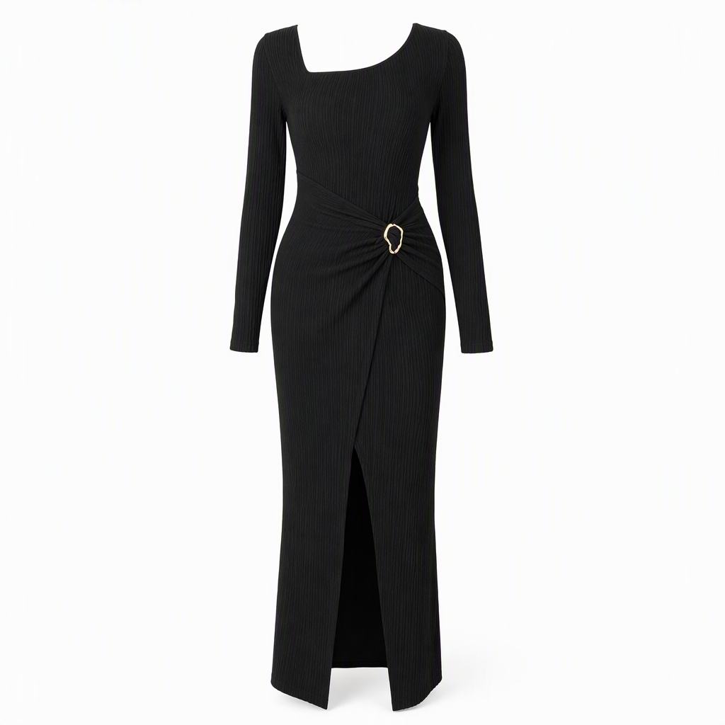 Women's Autumn Winter Solid Color Knit Texture Long Dress with Irregular Neckline