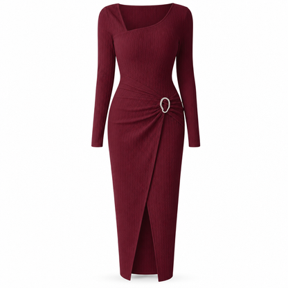 Women's Autumn Winter Solid Color Knit Texture Long Dress with Irregular Neckline