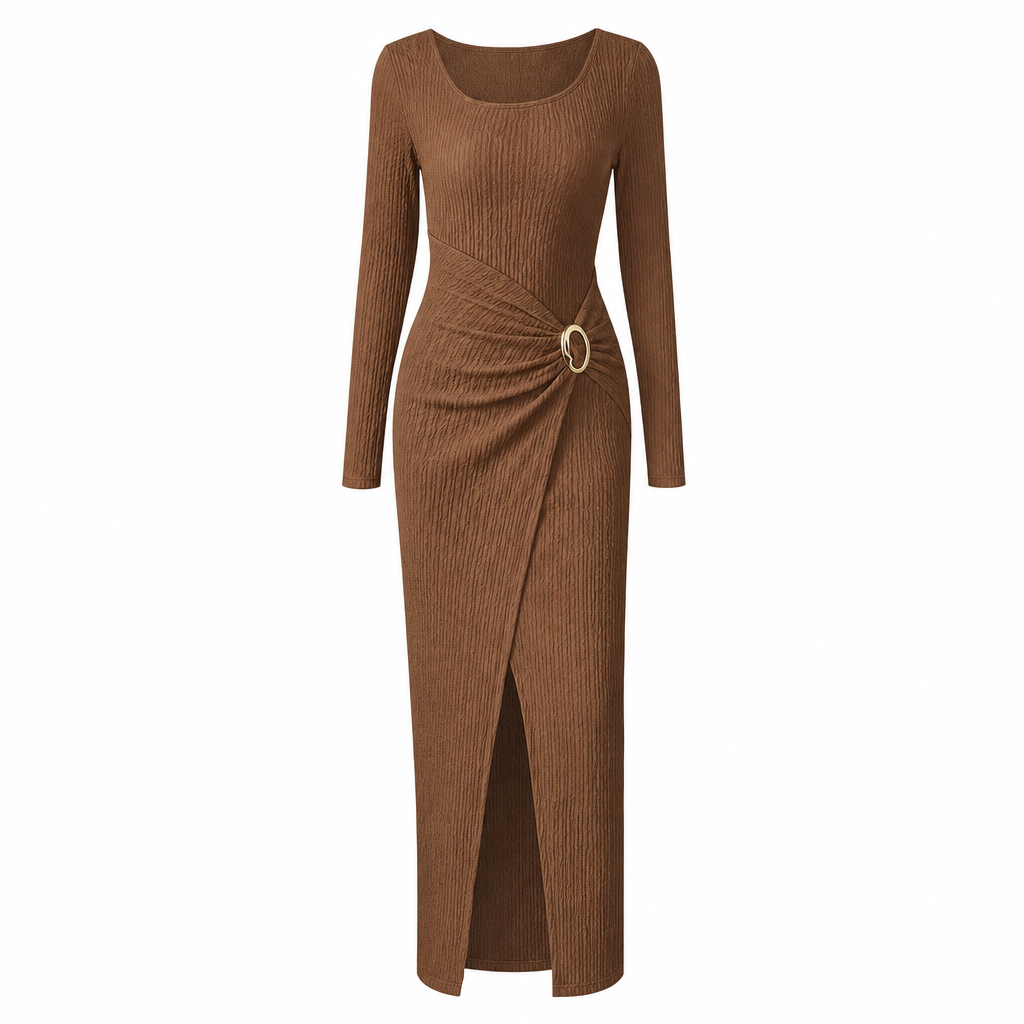 Women's Autumn Winter Solid Color Knit Texture Long Dress with Irregular Neckline