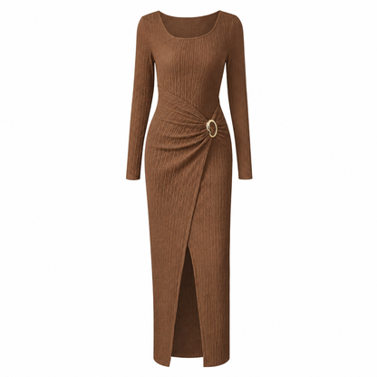 Women's Autumn Winter Solid Color Knit Texture Long Dress with Irregular Neckline