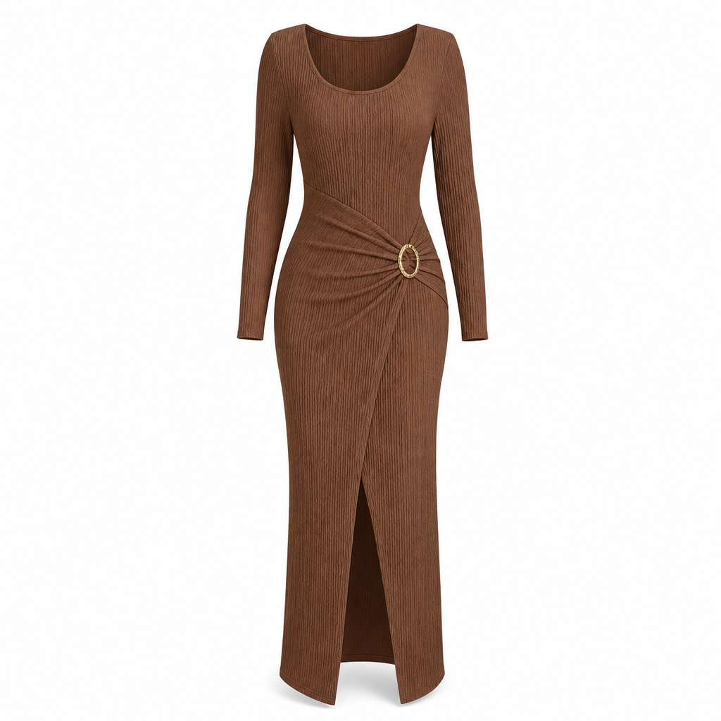 Women's Autumn Winter Solid Color Knit Texture Long Dress with Irregular Neckline
