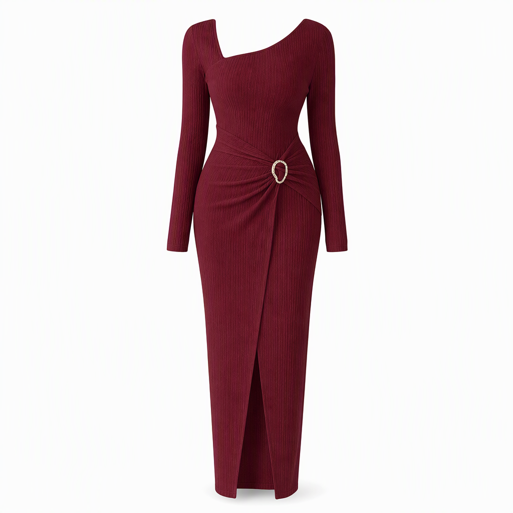 Women's Autumn Winter Solid Color Knit Texture Long Dress with Irregular Neckline