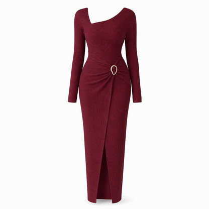 Women's Autumn Winter Solid Color Knit Texture Long Dress with Irregular Neckline