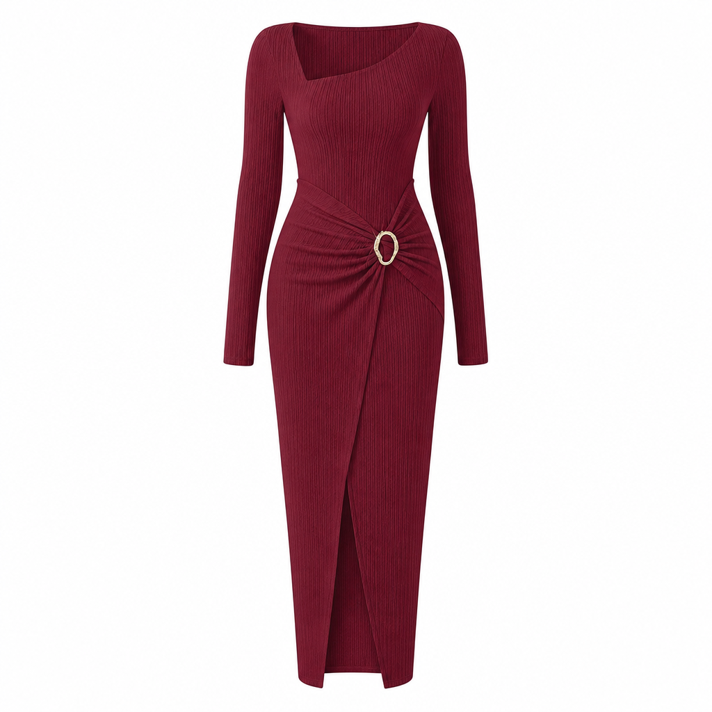 Women's Autumn Winter Solid Color Knit Texture Long Dress with Irregular Neckline