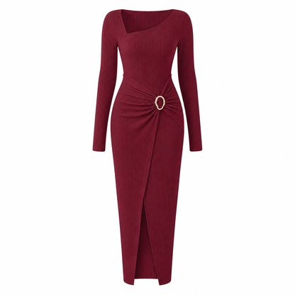 Women's Autumn Winter Solid Color Knit Texture Long Dress with Irregular Neckline