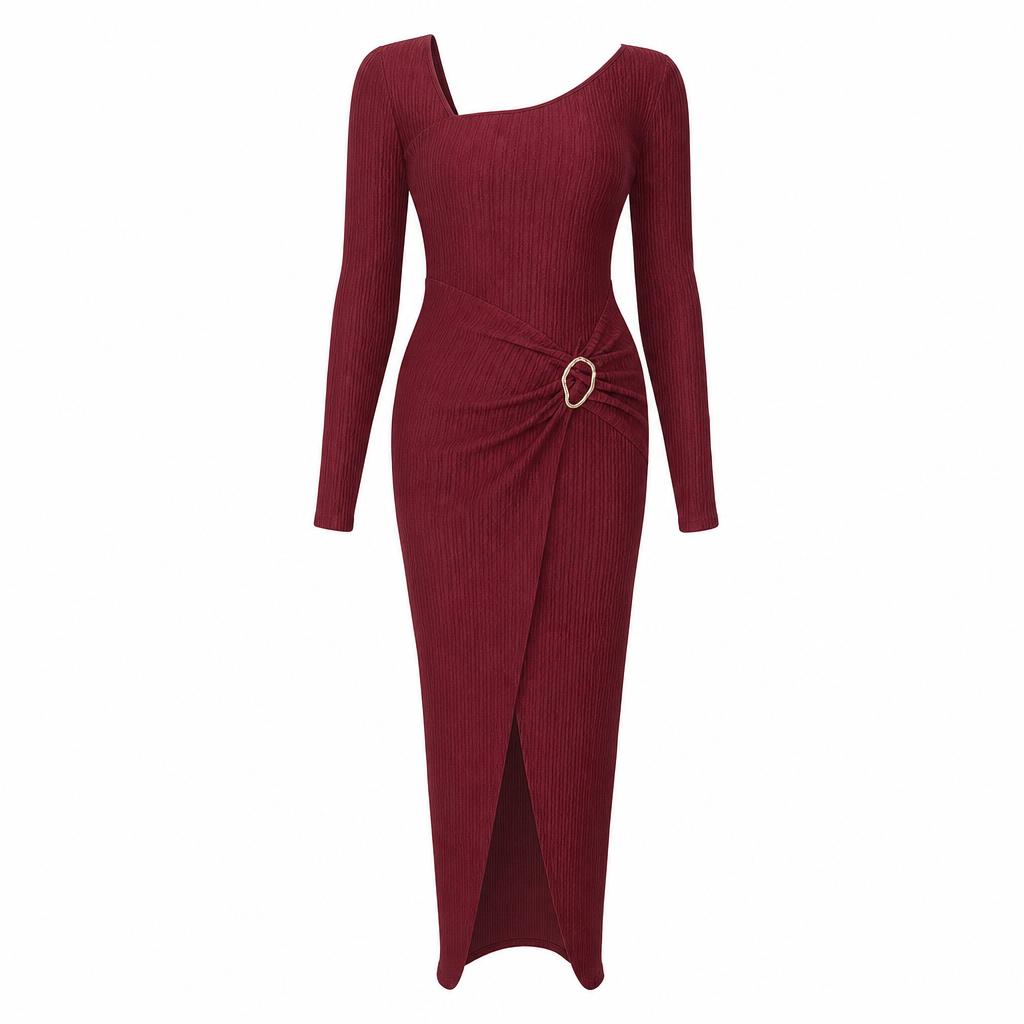 Women's Autumn Winter Solid Color Knit Texture Long Dress with Irregular Neckline