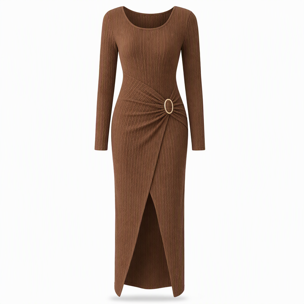 Women's Autumn Winter Solid Color Knit Texture Long Dress with Irregular Neckline