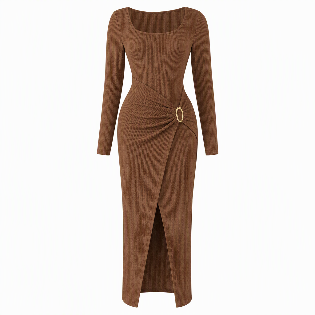 Women's Autumn Winter Solid Color Knit Texture Long Dress with Irregular Neckline