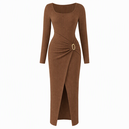 Women's Autumn Winter Solid Color Knit Texture Long Dress with Irregular Neckline