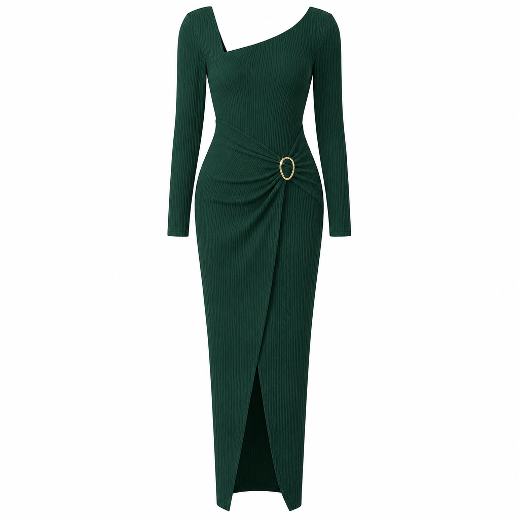 Women's Autumn Winter Solid Color Knit Texture Long Dress with Irregular Neckline