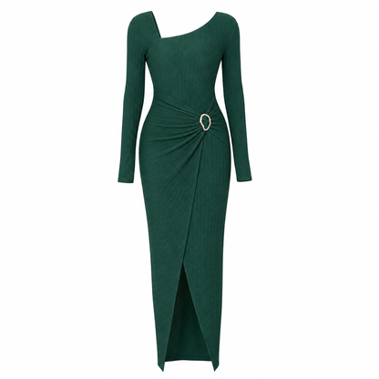 Women's Autumn Winter Solid Color Knit Texture Long Dress with Irregular Neckline