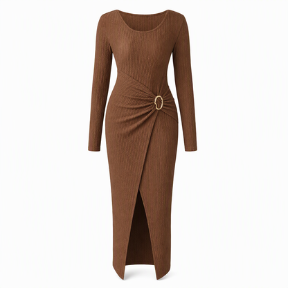 Women's Autumn Winter Solid Color Knit Texture Long Dress with Irregular Neckline
