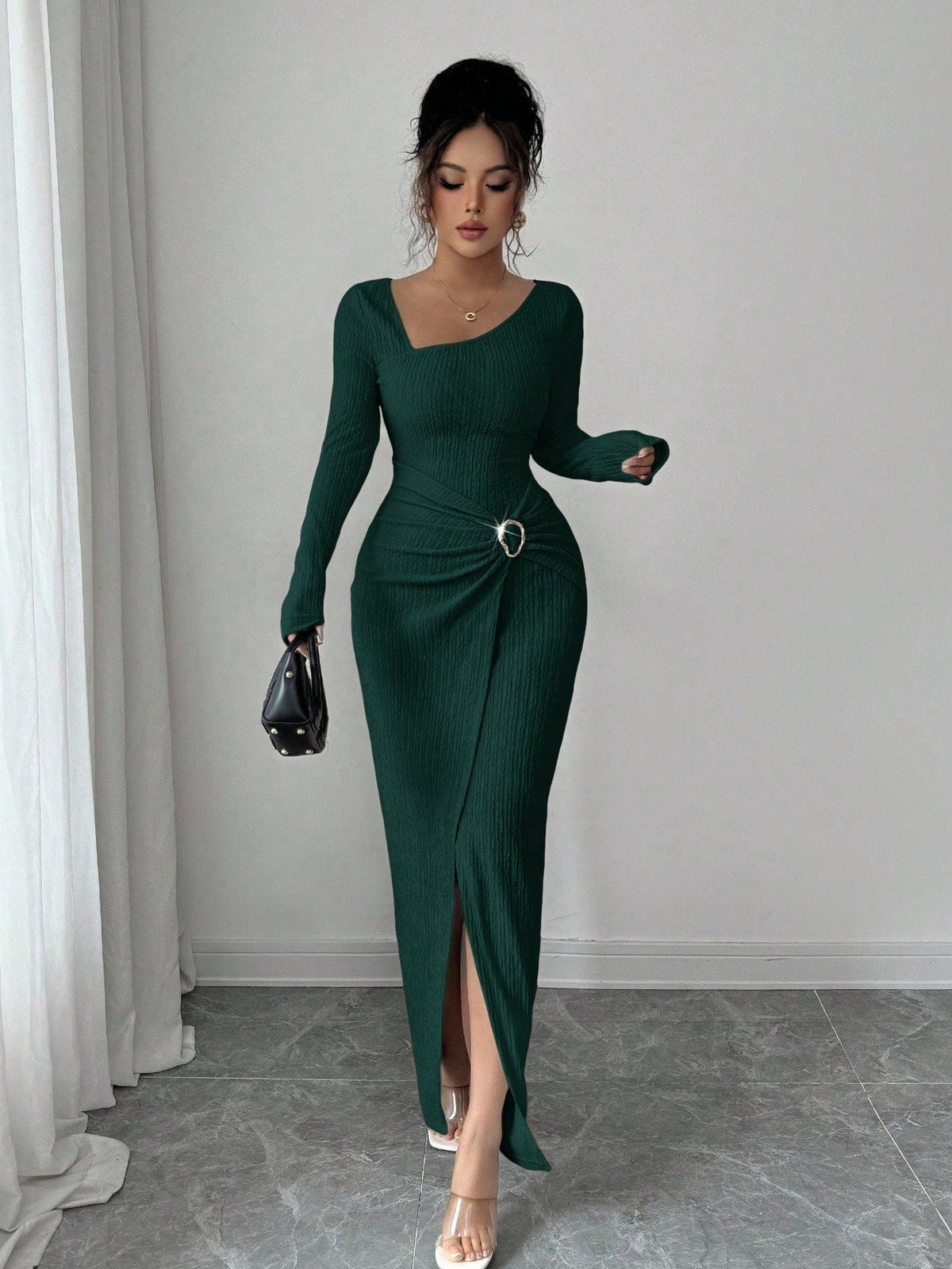 Women's Autumn Winter Solid Color Knit Texture Long Dress with Irregular Neckline
