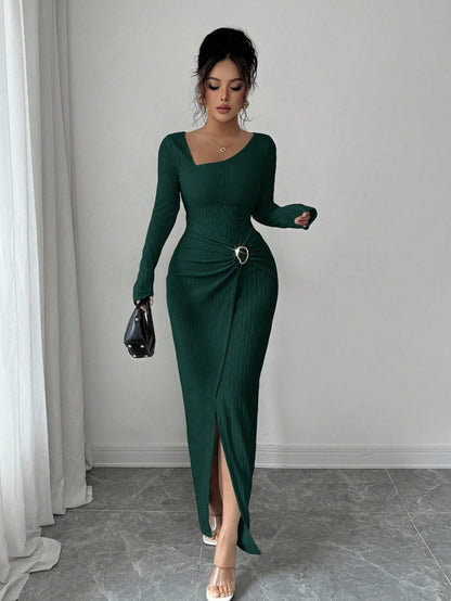 Women's Autumn Winter Solid Color Knit Texture Long Dress with Irregular Neckline
