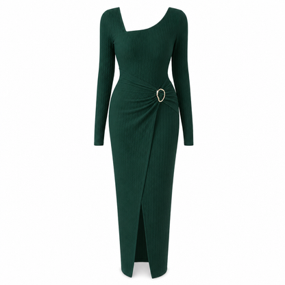 Women's Autumn Winter Solid Color Knit Texture Long Dress with Irregular Neckline