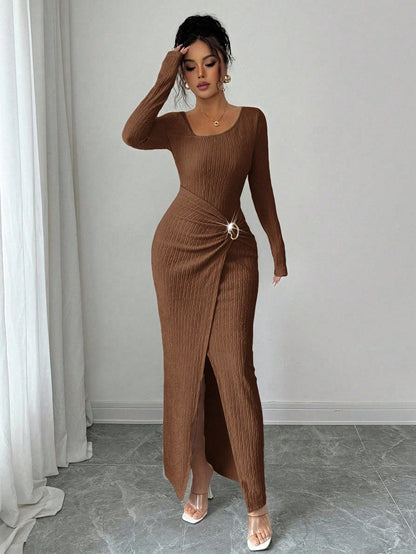 Women's Autumn Winter Solid Color Knit Texture Long Dress with Irregular Neckline