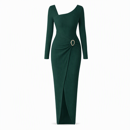 Women's Autumn Winter Solid Color Knit Texture Long Dress with Irregular Neckline