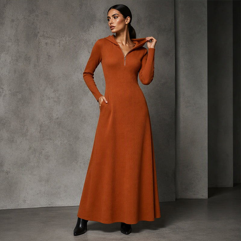Women's Ribbed Knit Hooded Maxi Dress