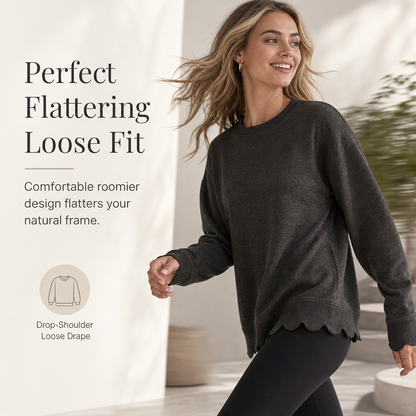 Women's Scalloped Hem Crew Neck Sweatshirt