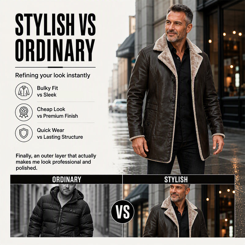 Men's Lapel Collar Plush-Lined Faux Leather Coat